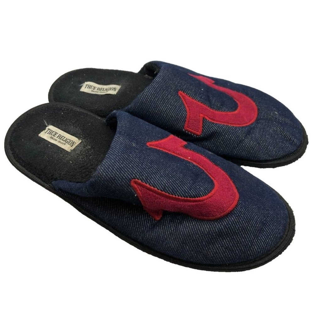 True Religion Unisex Sz M 9-10 Soft Blue Denim Slides Slippers